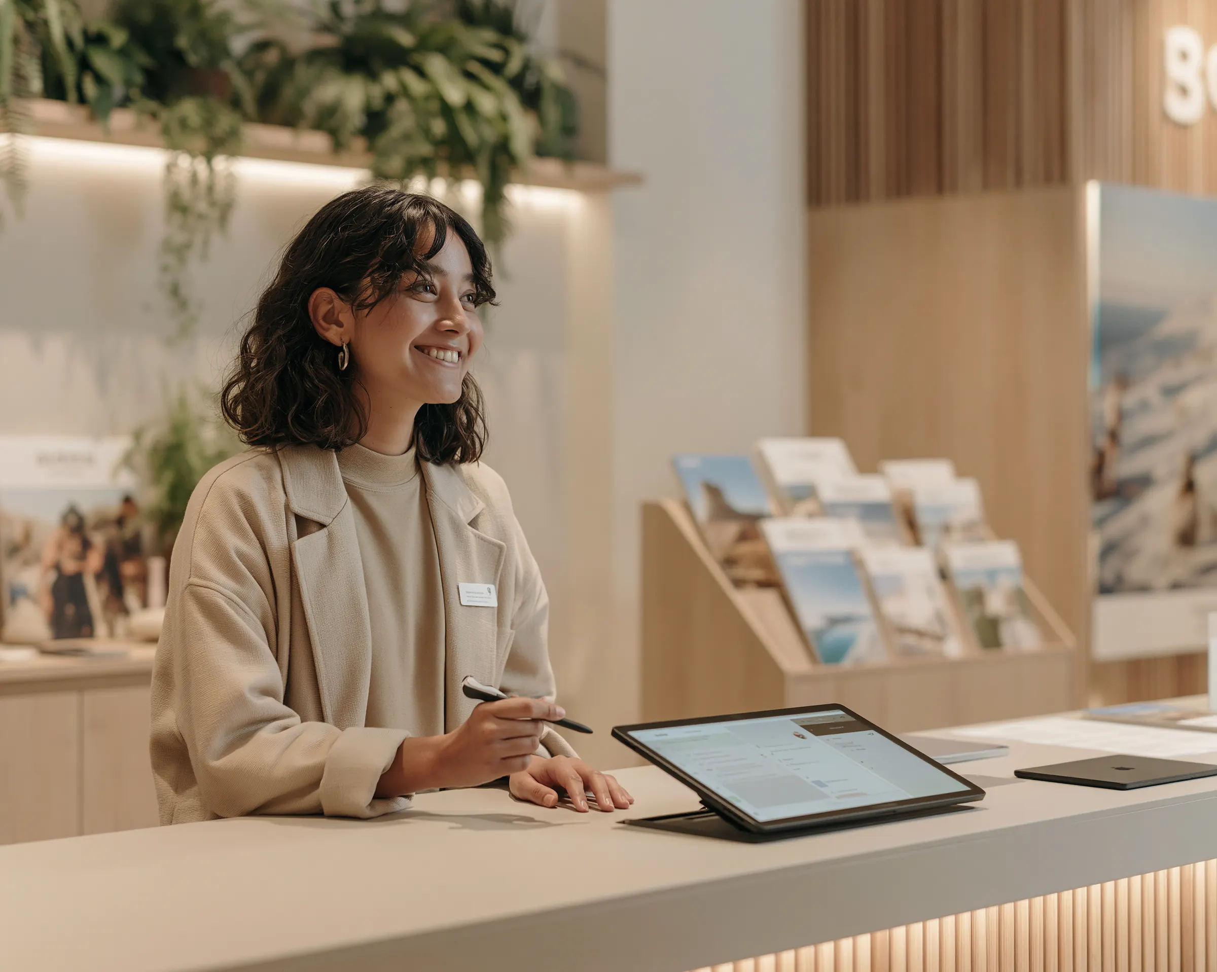 Conseillère en séjour à l’accueil, utilisant une tablette pour préparer un conseil touristique