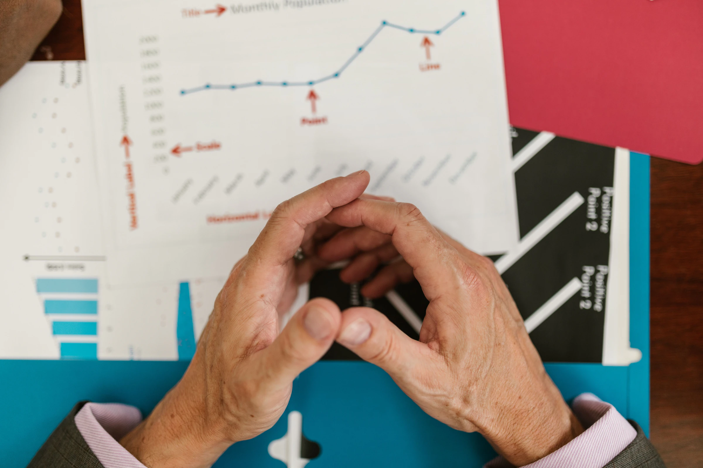 Printed charts support a discussion about data.