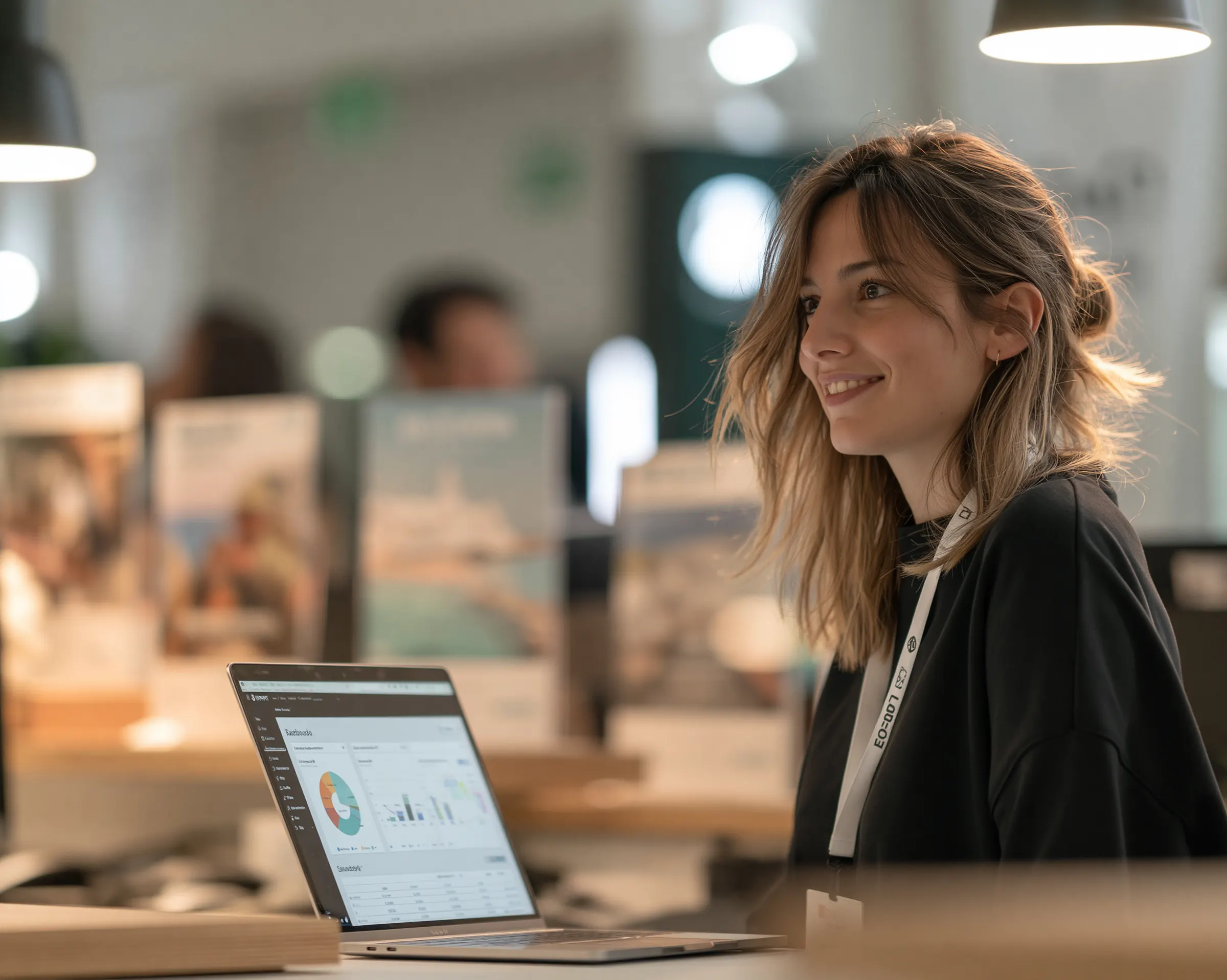 A professional reviews information at her desk.